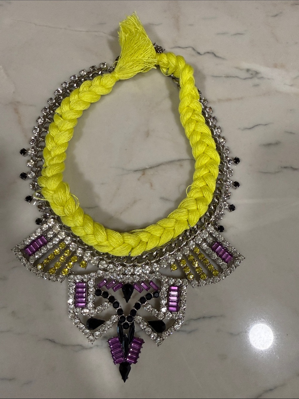 Neon Yellow Braided Fringe Crystal Statement Necklace